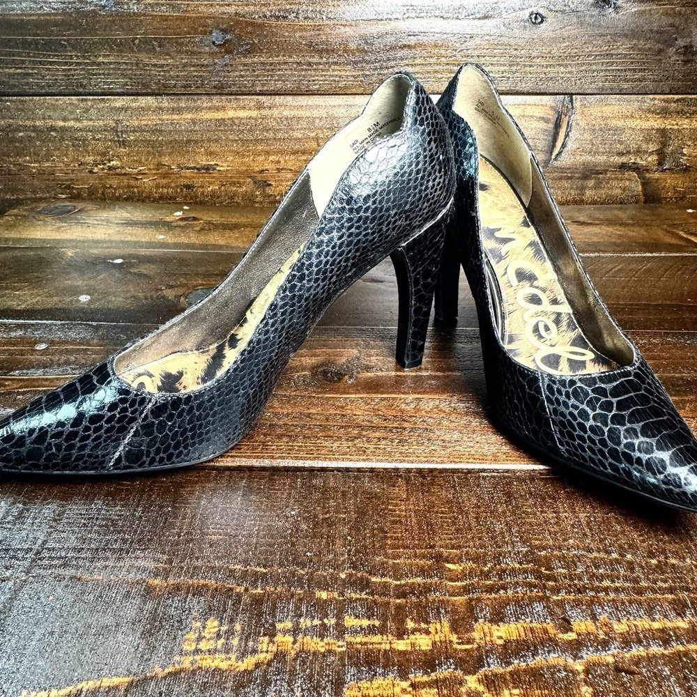 Sam Edelman Sadi‎ Black Faux Croc Curved High Heel Pumps Women's 8.5 M